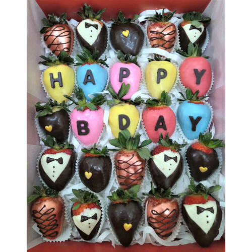 25pcs Rainbow "HAPPY BDAY" Chocolate Strawberries Gift Box